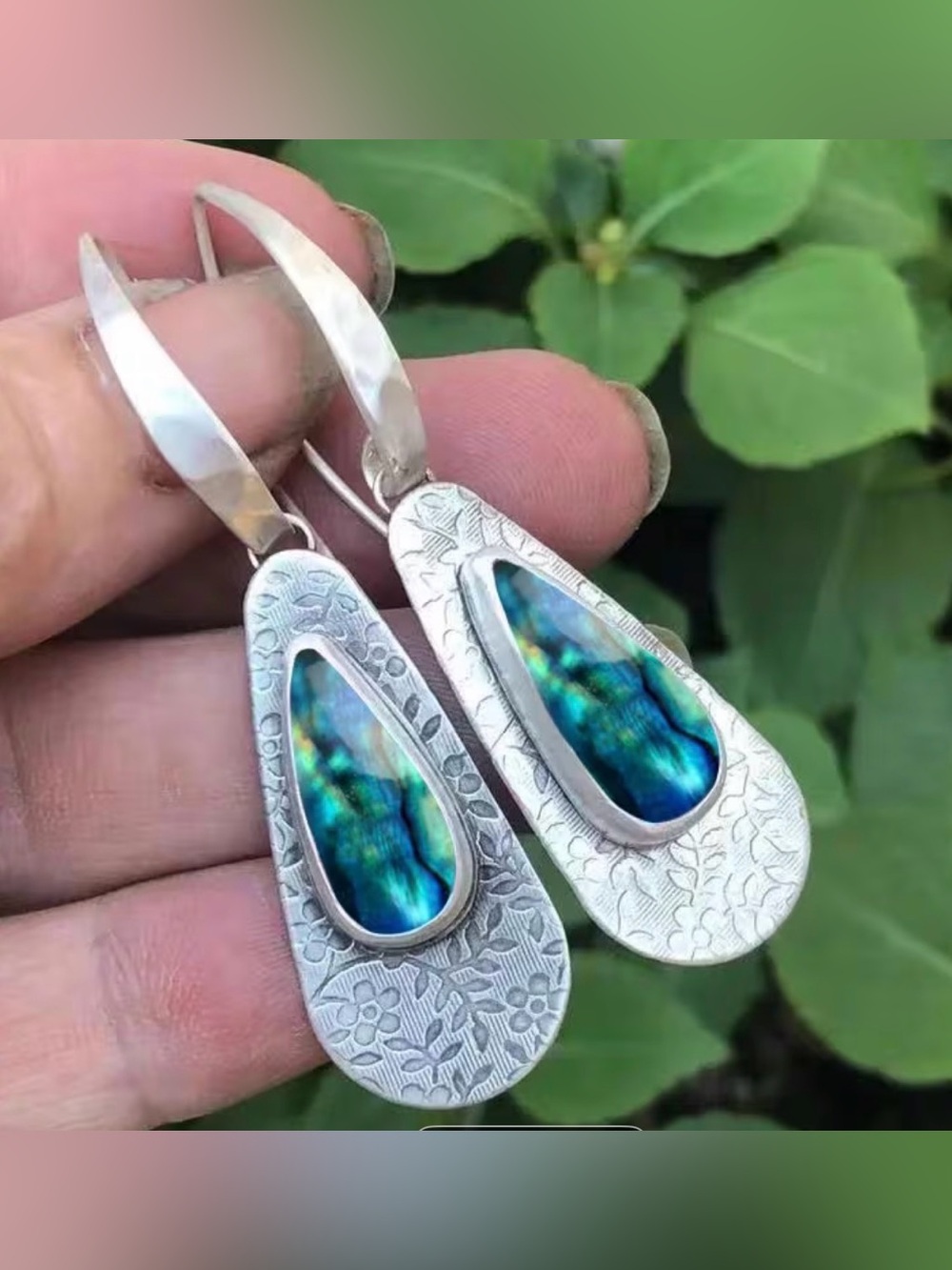 Silver Teardrop Earrings with Blue-Green Abalone Inlay